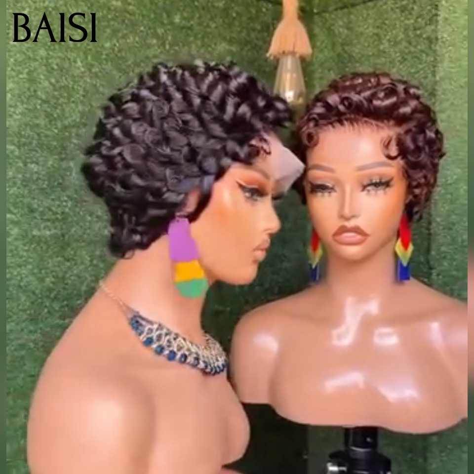 BAISI Perruque Pixie 13x4 lace frontale finger wave noir ou marron ou Lisse En Couleur Noir bleu 55€ en 100% Cheveux Humains