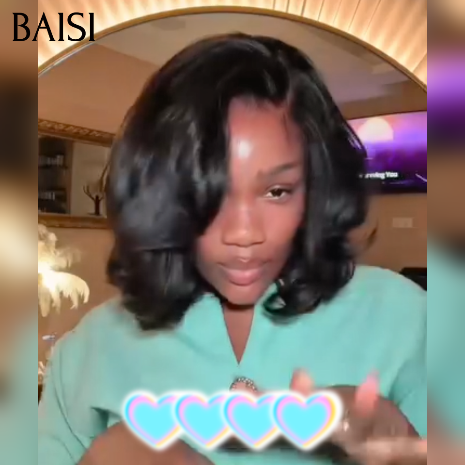 BAISI  4x4 lace closure body wave 10 pouces sans colle ou 13X4 Lace Frontal Perruque Coupe Pixie en noir 100% Cheveux Humains