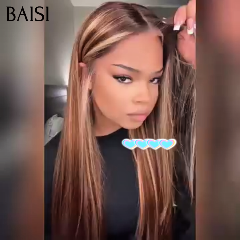 BAISI 13X4 lace frontale en Prêt-à-porter chignon bun Sans Colle Straight Perruque Lisse 99€ 4T27# marron en 100% Cheveux Humains
