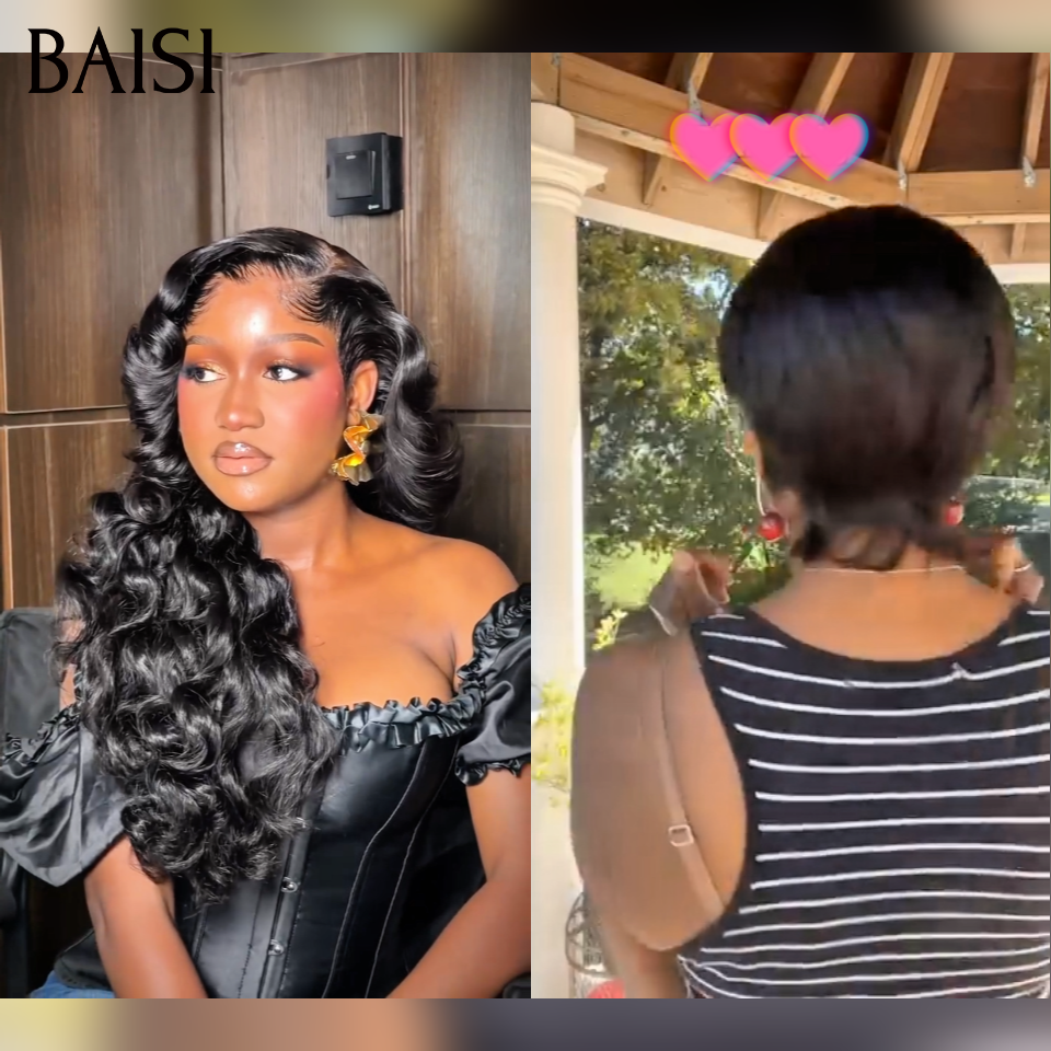 BAISI  2 Perruques 1 Longue + 1 Courte = 135€ Livraison 48H 13x4 lace frontale body wave 20 pouces et Pixie lisse perruques 100% vrais cheveux humians