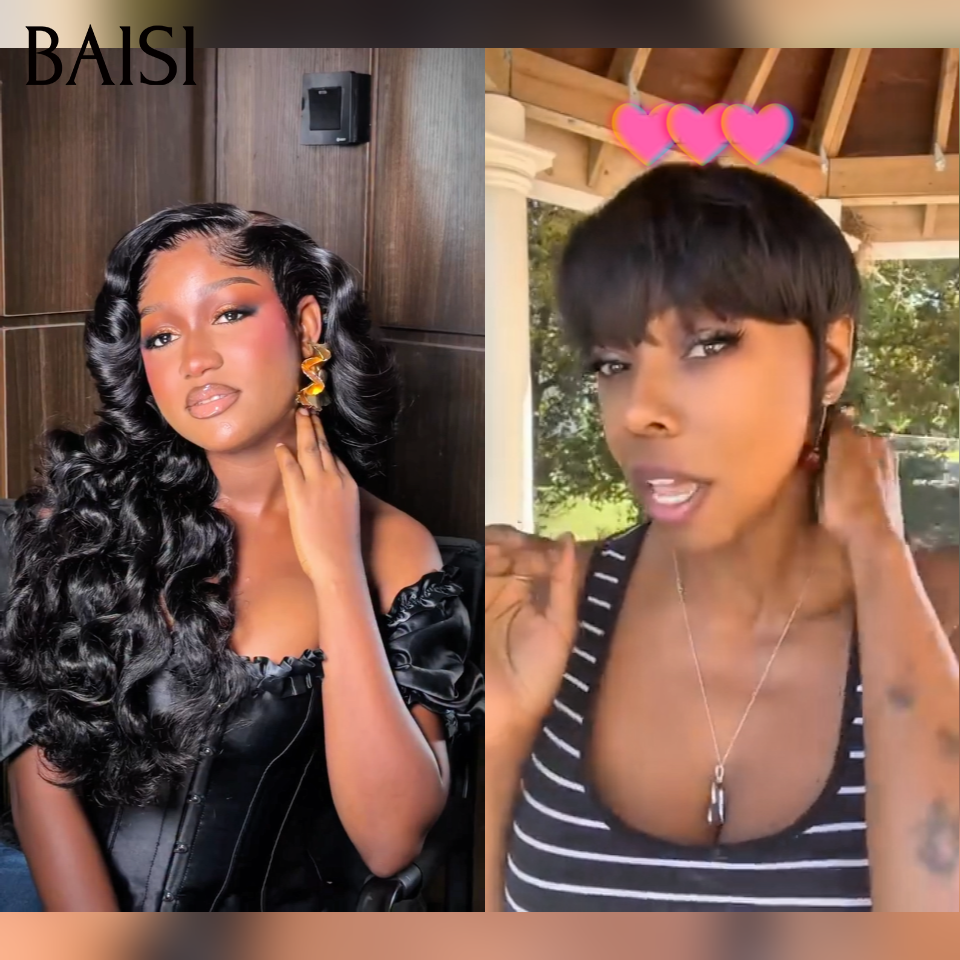 BAISI  2 Perruques 1 Longue + 1 Courte = 135€ Livraison 48H 13x4 lace frontale body wave 20 pouces et Pixie lisse perruques 100% vrais cheveux humians