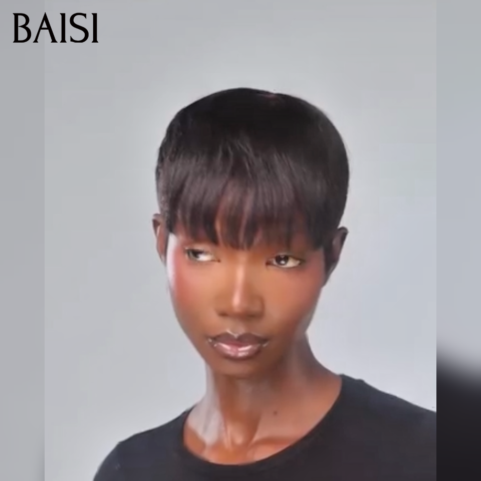 BAISI  sans colle pixie lisse Fabriqué à la Machine 40€ ou 13X4 afro curly en Couleur 4#27# -905 en 100% Vrais Cheveux Humains D