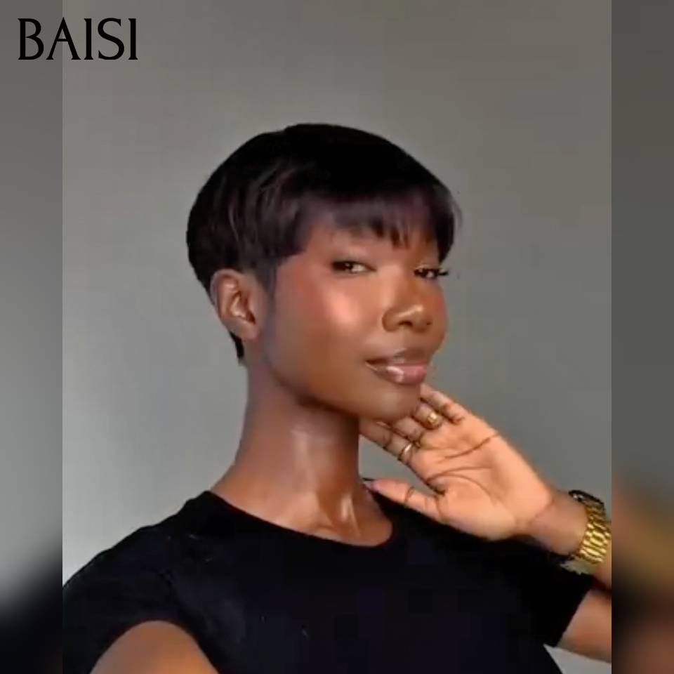 BAISI  sans colle pixie lisse Fabriqué à la Machine 40€ ou 13X4 afro curly en Couleur 4#27# -905 en 100% Vrais Cheveux Humains D