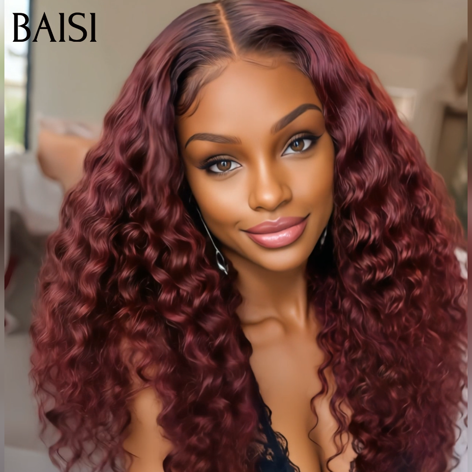 BAISI 1 Bordeau 22P 130€ deep wave et 4 perruques Bordeau noir miel mixte Lot 398€ prix promotion Lace frontal 13*4 Raw Hair 4 couleurs en 100% Cheveux Humains