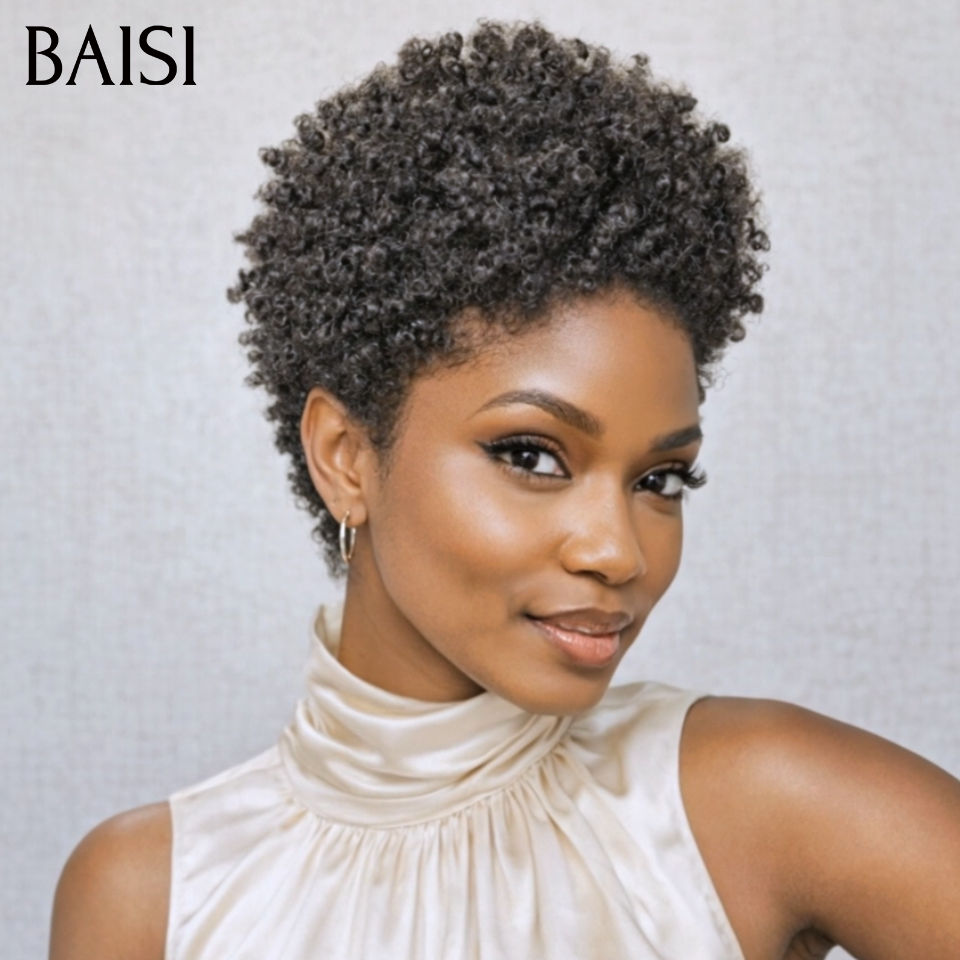 BAISI pixie afro curly perruque PROMO 40€ sans colle Sans lace NOIR en 100% Cheveux Humains for black women