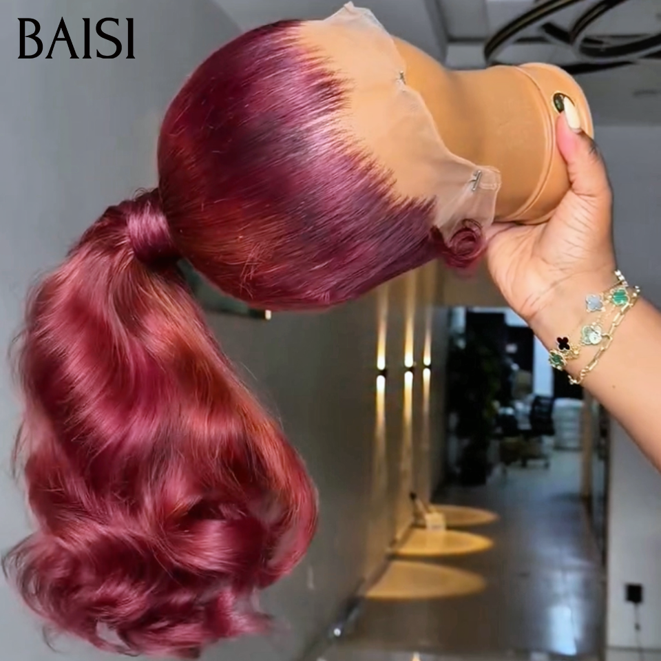 Nouveau produit 13x4 lace frontal Perruque avec Chignon de nattes PROMO Body wave Bordeaux en 100% Cheveux Humains
