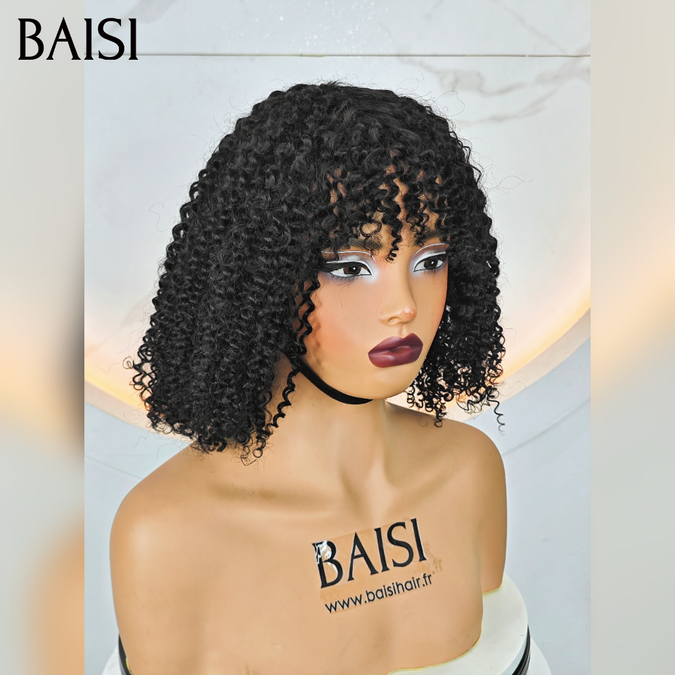 BAISI  Perruque BOB curly Wave avec Frange petite coupe fabriqué à la machine 10 Pouce promo 70€ En 100% Cheveux Humains