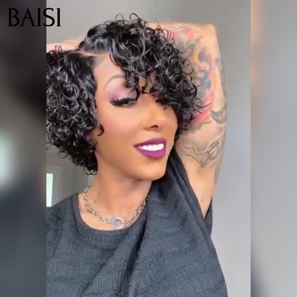 OFFRE FLASH Prêt à porter 58€ Perruque pixie curly wave NOIR Fabriqué à la Machine ou lace frontal curly wave 78€ Promotion en 100% Cheveux Humains