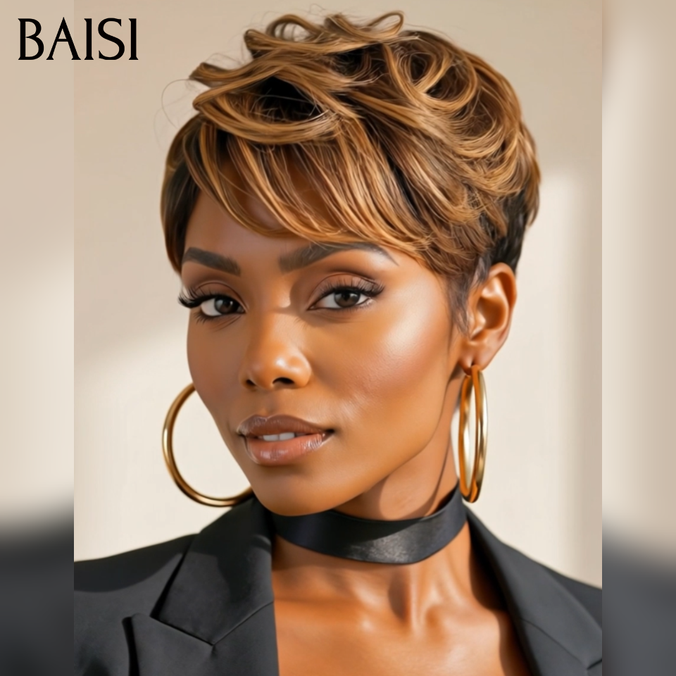 BAISI Achetez 2 perruques minimum au prix d'usine fournisseur bixie sans colle Perruque Bouclée pixie mixte miel En 100% Cheveux Humains (Pas Besoins De Code)