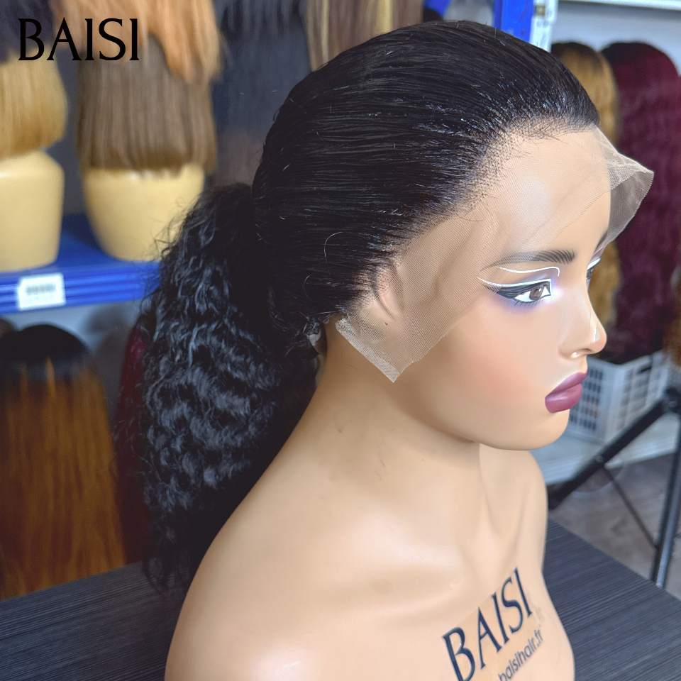 13x4 lace frontal Perruque Coiffée 18 pouce 100€ curly wave raw hair en Noir avec coiffure tressée natte en 100% Vrais Cheveux Humains