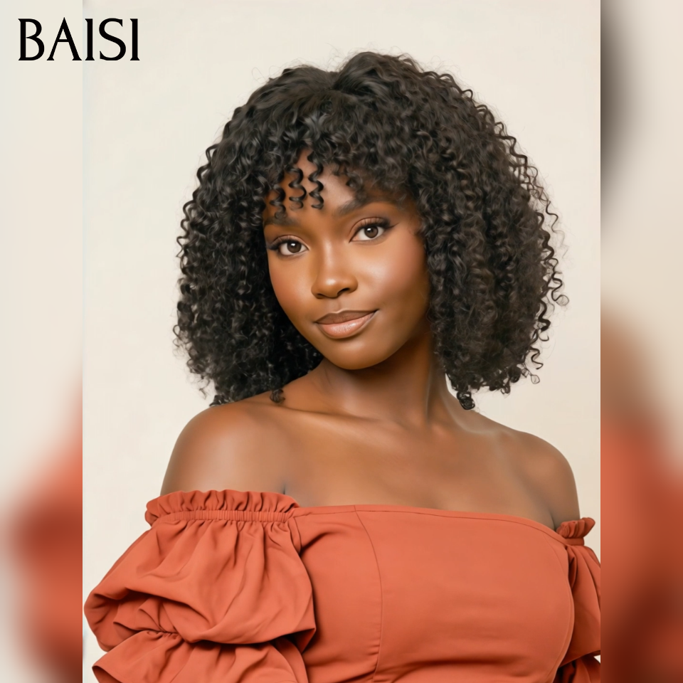 BAISI 8 Pouce 49€ Perruque BOB curly Wave avec Frange petite coupe fabriqué à la machine En 100% Cheveux Humains