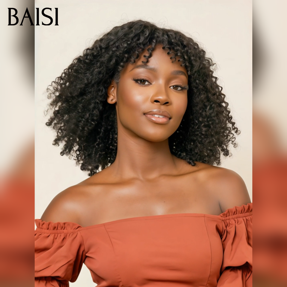 BAISI 8 Pouce 49€ Perruque BOB curly Wave avec Frange petite coupe fabriqué à la machine En 100% Cheveux Humains