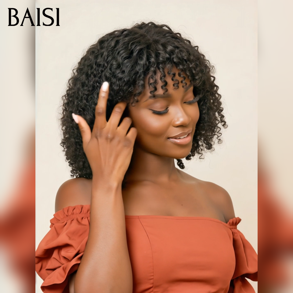 BAISI 8 Pouce 49€ Perruque BOB curly Wave avec Frange petite coupe fabriqué à la machine En 100% Cheveux Humains