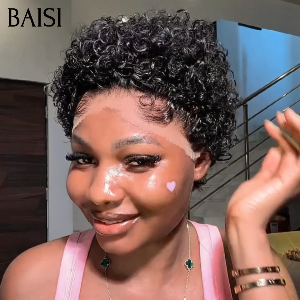 BAISI 2 Perruques Pixie 13x4 Lace Frontale Courte Lisse et Curly 88€ Prix Imbattable Couleur Noir en 100% cheveux humains