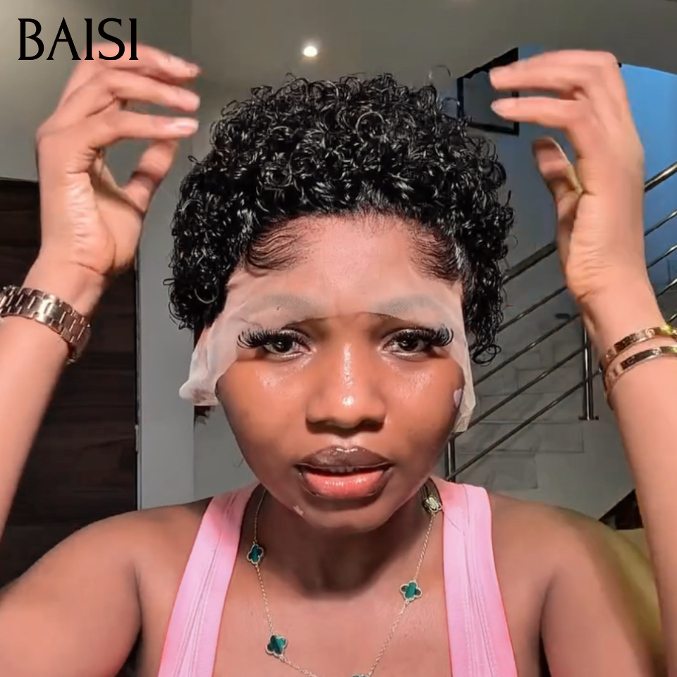 BAISI 2 Perruques Pixie 13x4 Lace Frontale Courte Lisse et Curly 88€ Prix Imbattable Couleur Noir en 100% cheveux humains
