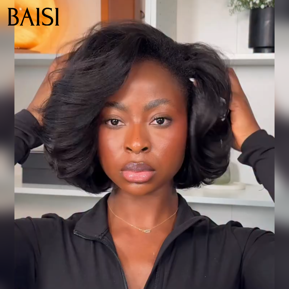 BAISI 13x4 Lace Frontal Perruque Bob Kinky Straight  Pré-plucked Pas Besoin de Colle en 100% Raw Hair Lace déjà couper