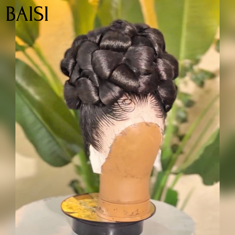 BAISI Perruques Coiffée avec noeud papillon Natte Promo 189€ en chignon bun 100% comme indiqué sur la photo NOIR Élégant et stylé En cheveux humains