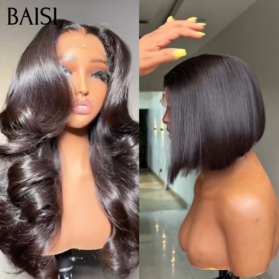 BAISI 2 Perruques Achetez 1 + 1 Gratuite = 159€ body wave 13x4 frontale 20 pouces et Lisse 4x4 closure 10 pouces Noir en 100% vrais cheveux humains