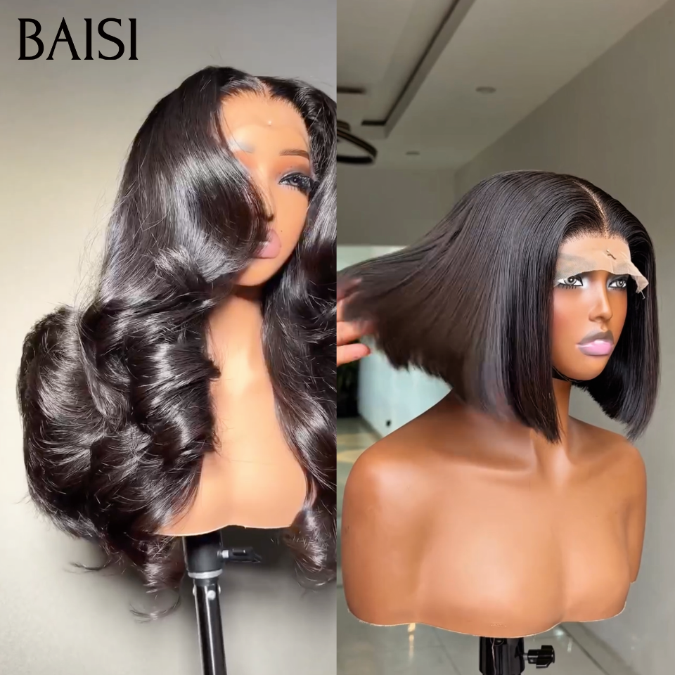 BAISI 2 Perruques Achetez 1 + 1 Gratuite = 159€ body wave 13x4 frontale 20 pouces et Lisse 4x4 closure 10 pouces Noir en 100% vrais cheveux humains