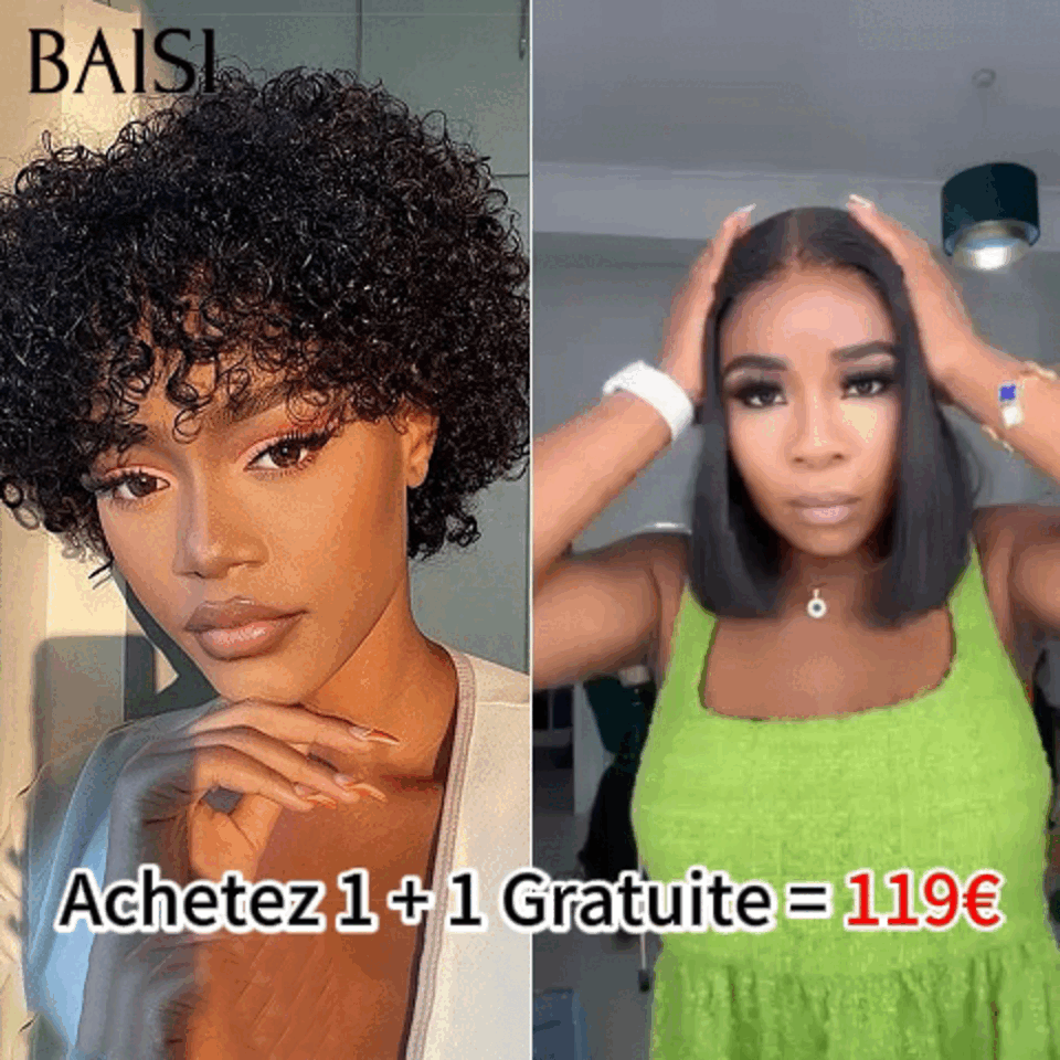 BAISI Achetez 1 + 1 Gratuite = 119€ sans Colle pixie curly wave et 13X4 Lisse 12 Pouces en 100% Cheveux Humains  BS60