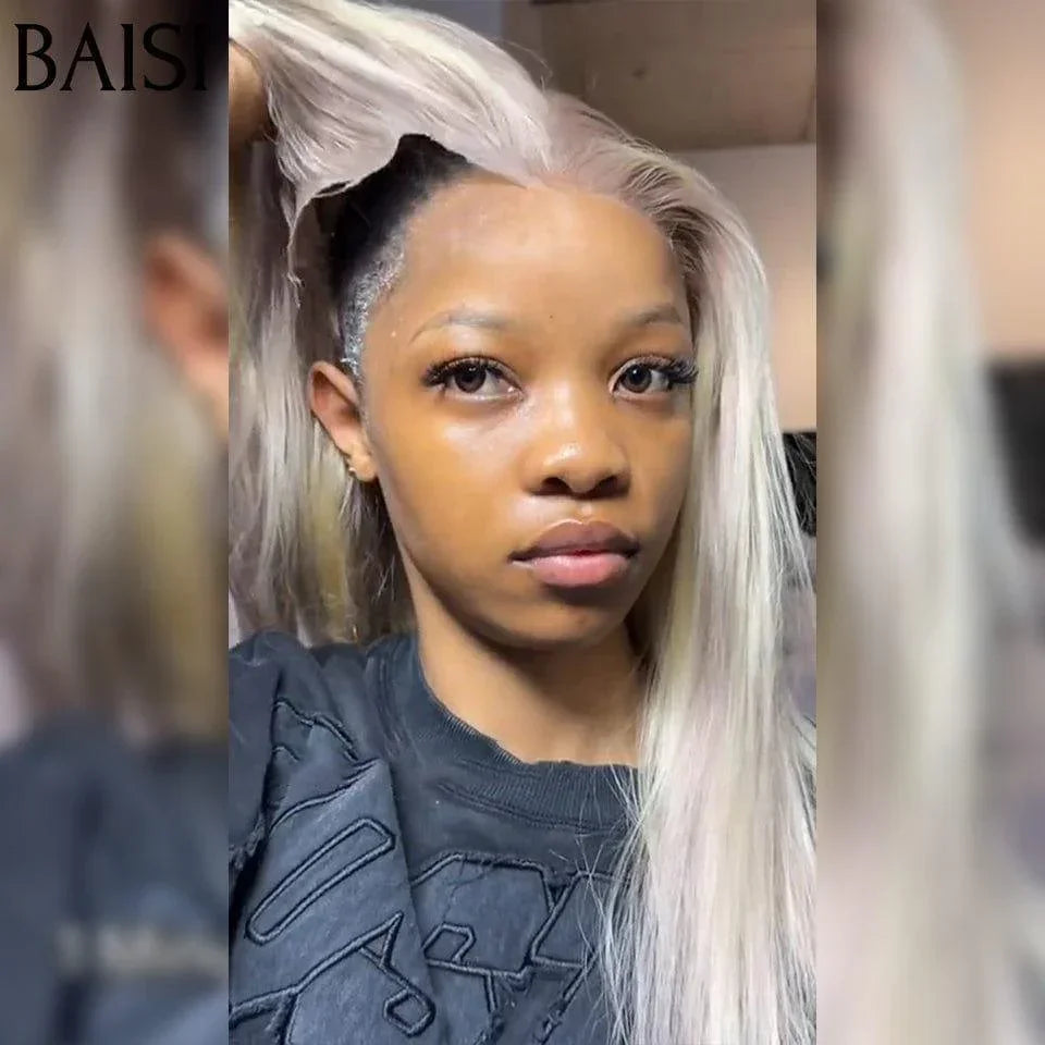 BAISI Collection Poivre et Sel 13x4 Perruque Lisse En couleur  personnalisées Grise mixte 70# Sans Colle Lace déjà couper Facile à Porter en 100% Cheveux Humains
