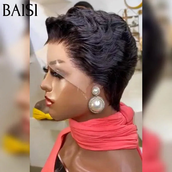 BAISI Perruque Pixie Lace Frontal Coiffure à la Mode 62€ En Couleur noir en 100% Cheveux Humains F-996