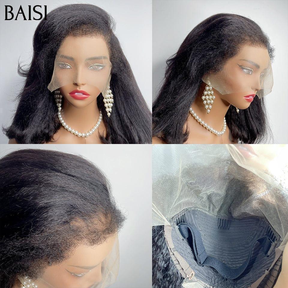 BAISI 13X4 Perruque Bob Kinky Straight En Noir 12 pouces en 100% Raw Hair 4C Hairline Vietnam Hair 300% densité plus de 20 ans d' utilisations B