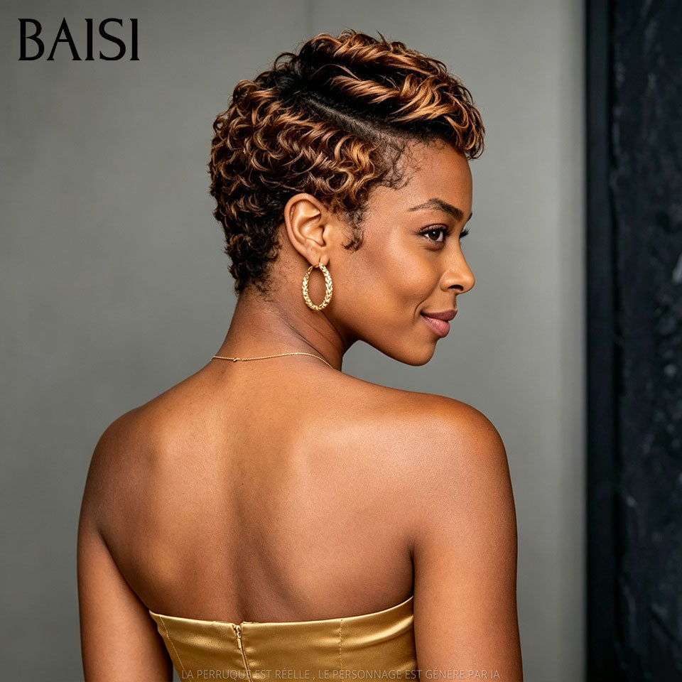 BAISI  Perruque Chiomas 59€ Pixie Finger Wave petite coupe Lace Frontale en Couleur NOIR 68€ En 100% Cheveux Humains