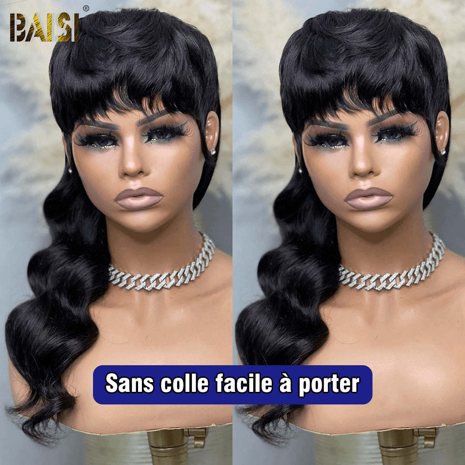 BAISI Top Modèle Perruque MULLET Style en Noir en 100% Cheveux Humains Fabriquées par les cheveux double drawn mèches vièges de haut en bas même taille même volume plus de 20 ans d' utilisations
