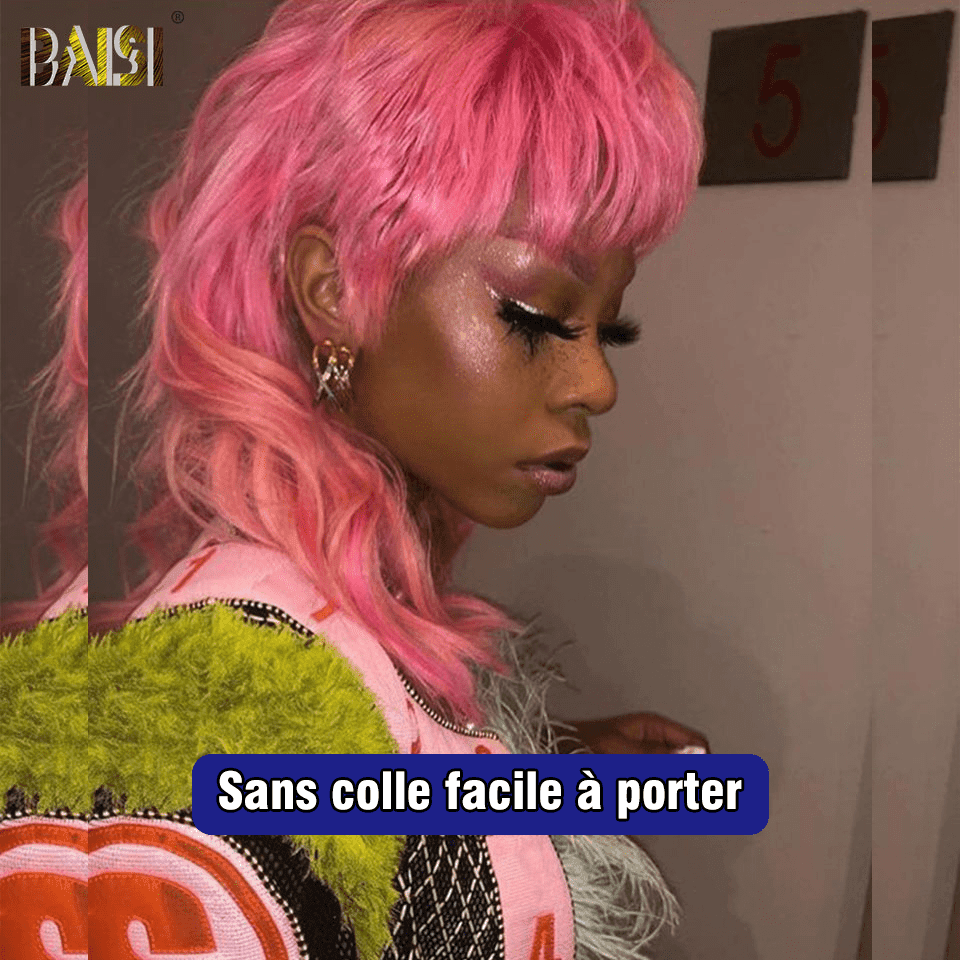 BAISI Topmodel Perücke im Vokuhila-Stil in Rosa aus 100 % Echthaar. Hergestellt aus doppelt gezogenen, geraden Haarsträhnen von oben nach unten, gleiche Größe, gleiches Volumen, mehr als 20 Jahre im Einsatz