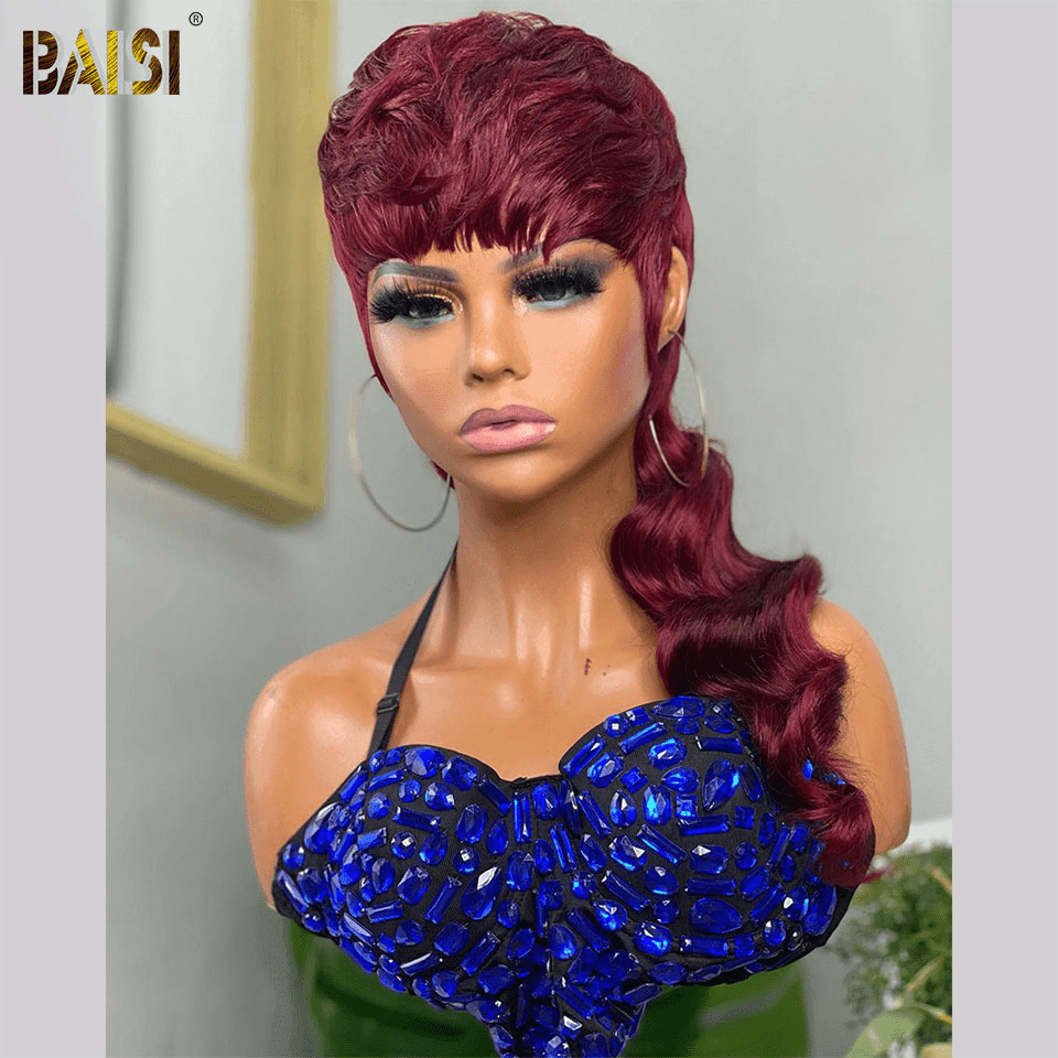 Peluca BAISI Top Model estilo MULLET en Borgoña en cabello 100% humano Hecha con cabello de hebras vírgenes doblemente dibujadas de arriba a abajo mismo tamaño mismo volumen más de 20 años de uso