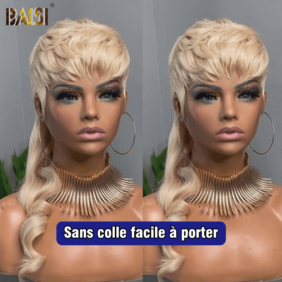 BAISI Topmodel Vokuhila-Perücke in Blond Nr. 613 aus 100 % Echthaar. Hergestellt aus doppelt gezogenen, geraden Strähnen von oben nach unten, gleiche Größe, gleiches Volumen, mehr als 20 Jahre Gebrauch
