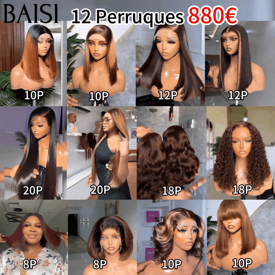 BAISI Lot De 12 Perruques Abordable 880€ En 100% Cheveux Humains Modèle personnalisé De Bonne Qualité En Promotion Code: BS65