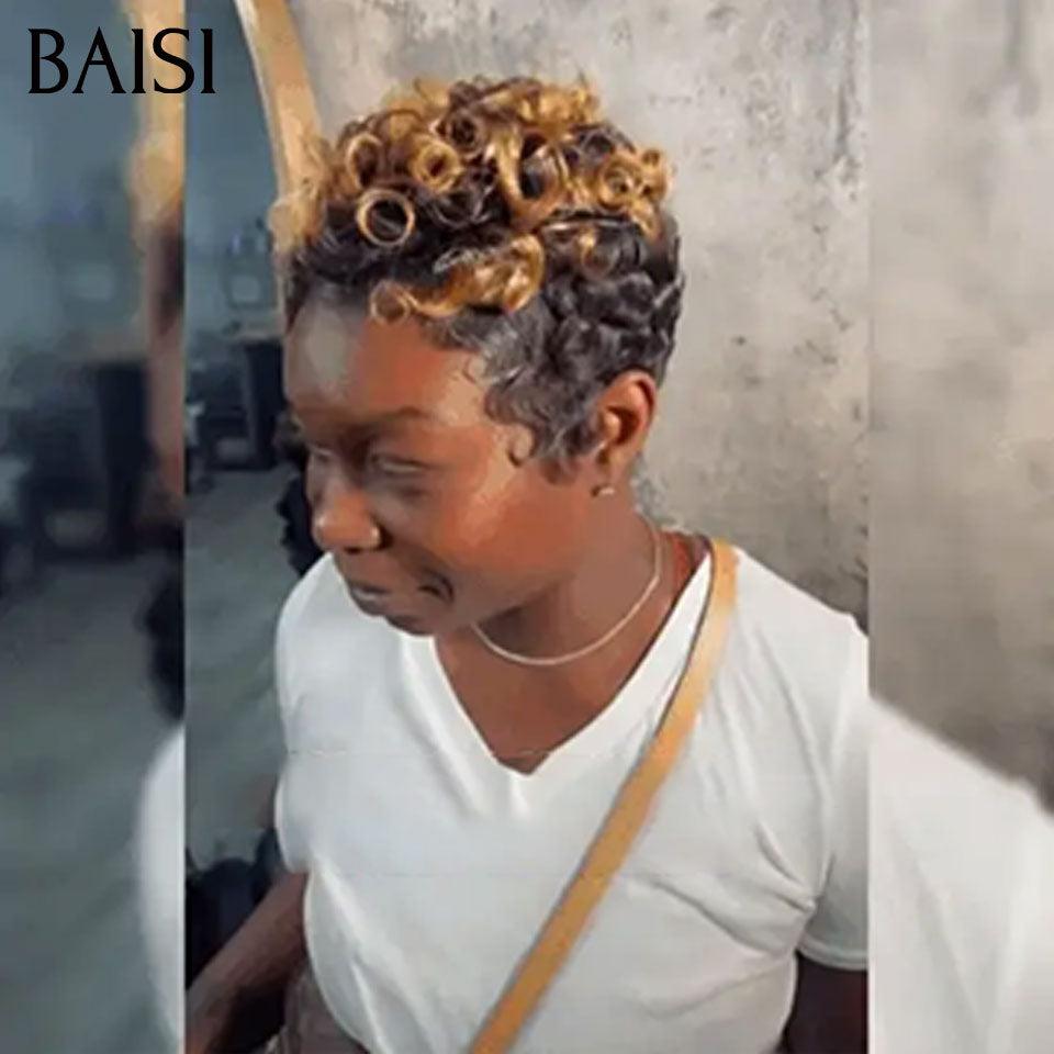 BAISI 3 perruques au choix 99€ ajouter dans le panier un par un au prix d'usine fournisseur coiffure Personnalisée boucle sans colle ou 13X4 lace 9 différentes types de perruques pixie vente en gros pour revendre  (Pas Besoin de Code)