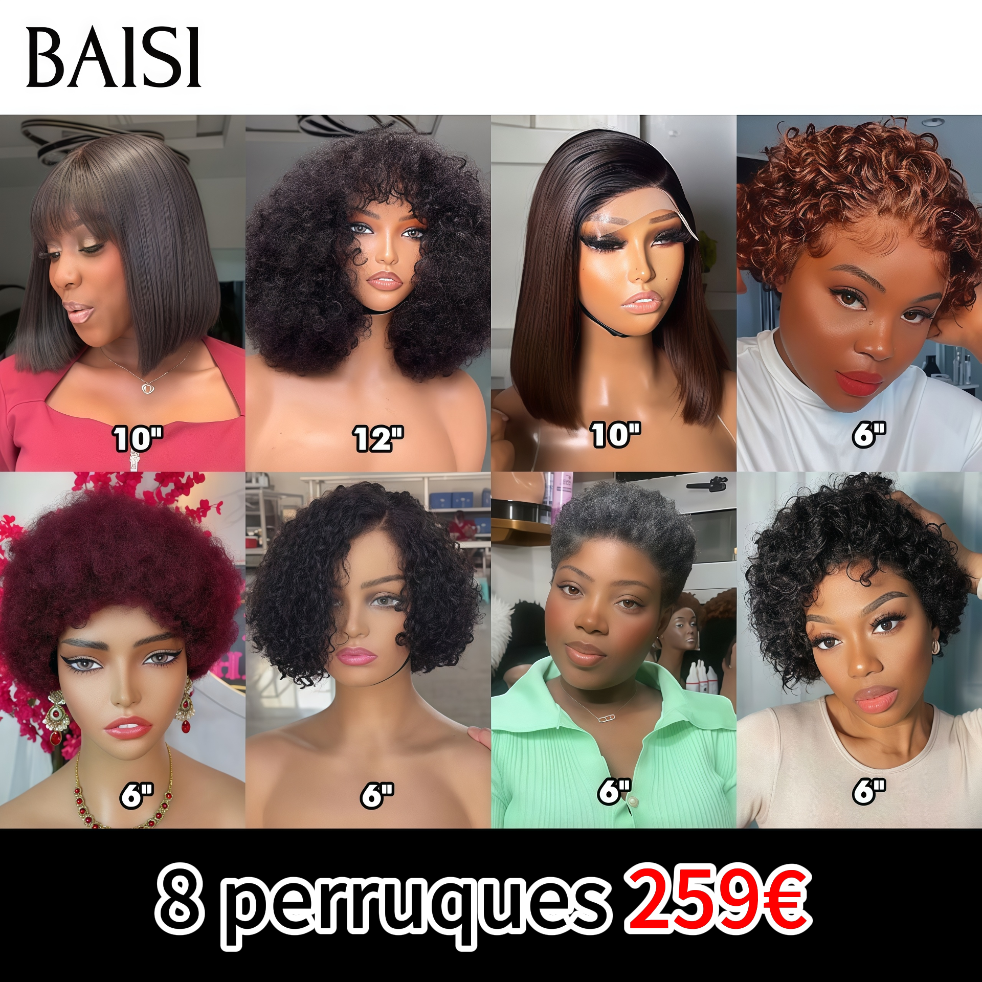 BAISI 8 perruques Bob à moitié prix 259€ en France en 100% cheveux humains