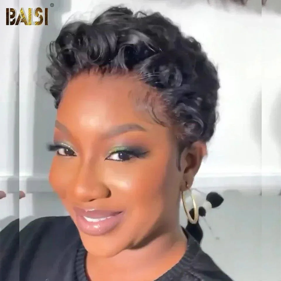 Peluca BAISI Pixie ondulada en color negro 69€ sin encaje en 100% Cabello Humano #9018 CÓDIGO: FR38