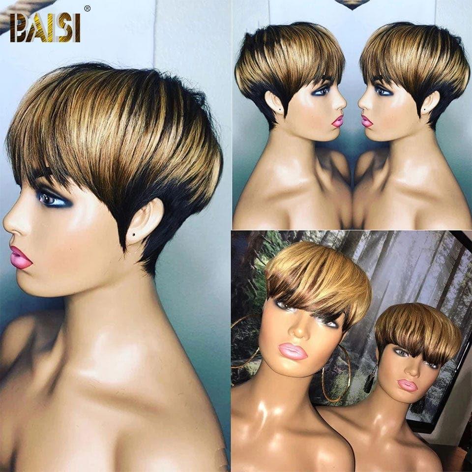 BAISI Perruque Pixie Lisse En Noir Chataîn 1B/4/27# 69.99€ ou afro curl 350# en 100% Cheveux Humains D