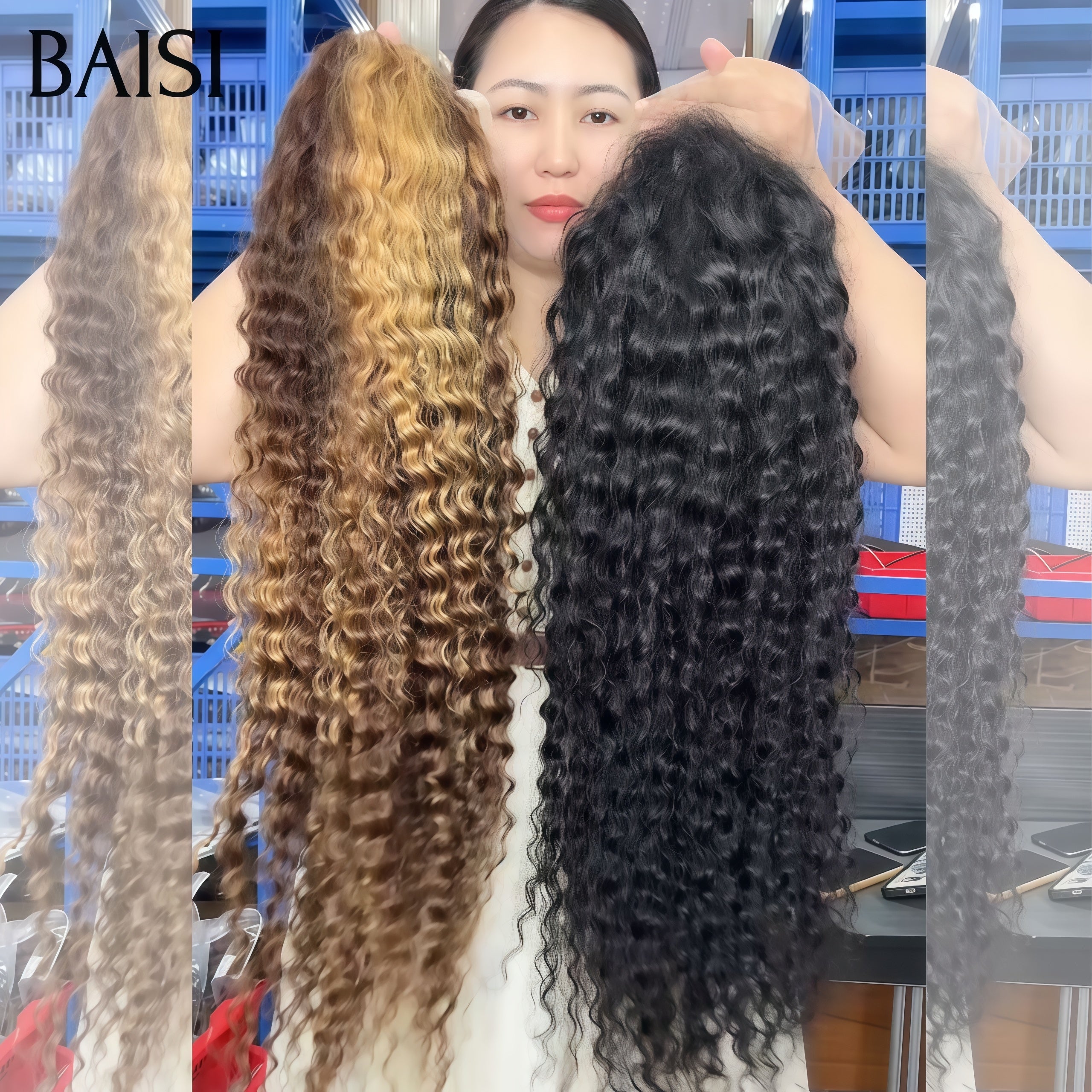 BAISI 2 Perruques 200€ 13X4 lace frontal curly wave en couleur Mixte et NOIR 26 Pouces 100% vrais cheveux humains BS65