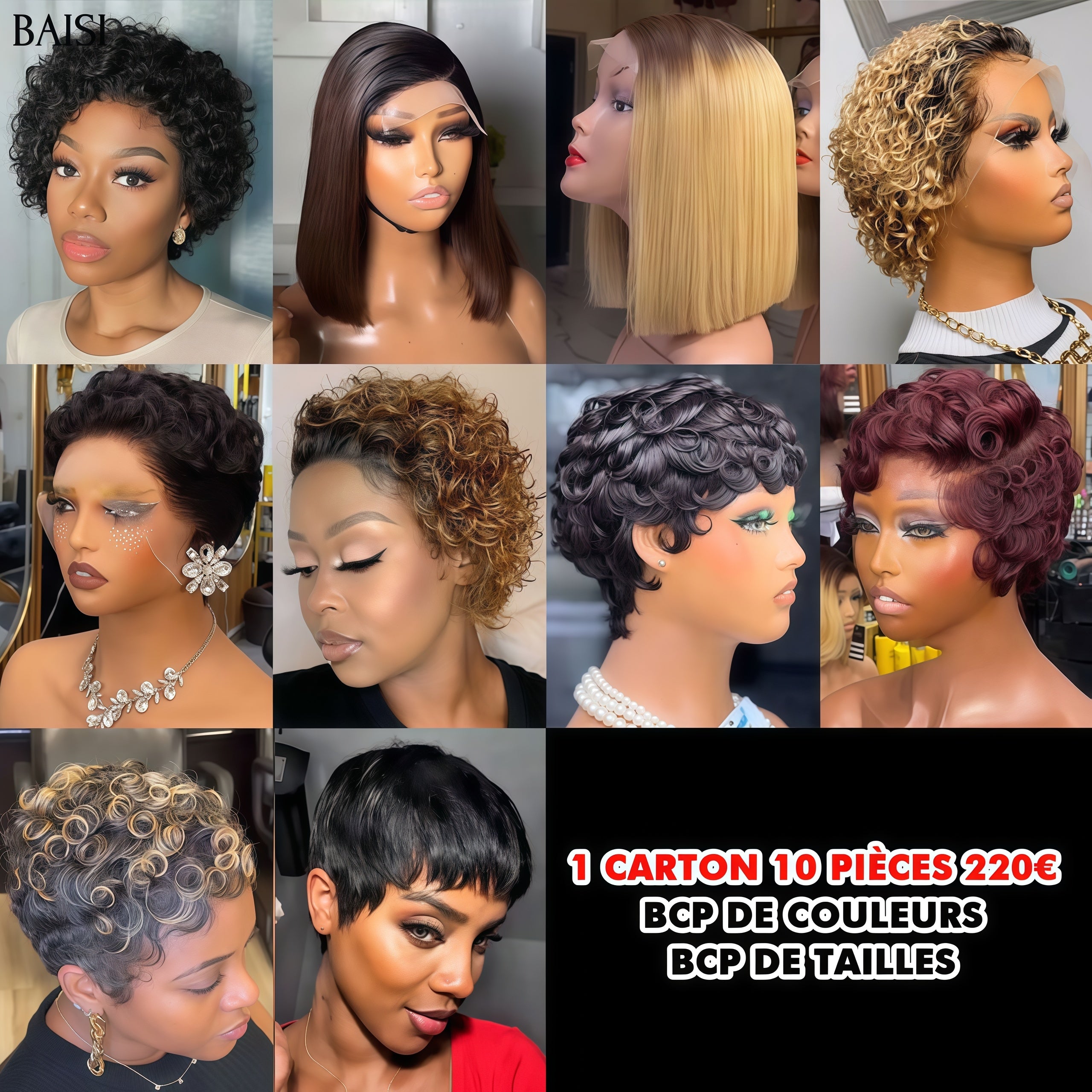 BAISI 10 Perruques Prix Grossite 220€ Facile à Revendre PROMO pixie et BOB en 100% Cheveux Humains liquidation en stock sans retour