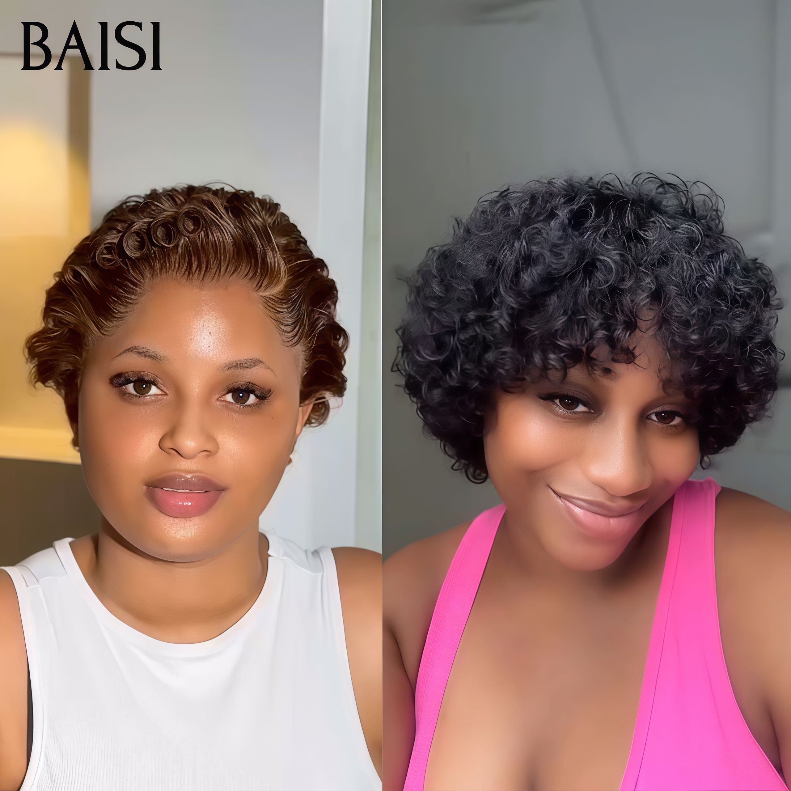BAISI  PROMOTION 69€ 2 perruques pixie 13X4 lace frontal Marron et sans Colle NOIR Moitié Prix 100% vrais cheveux humains