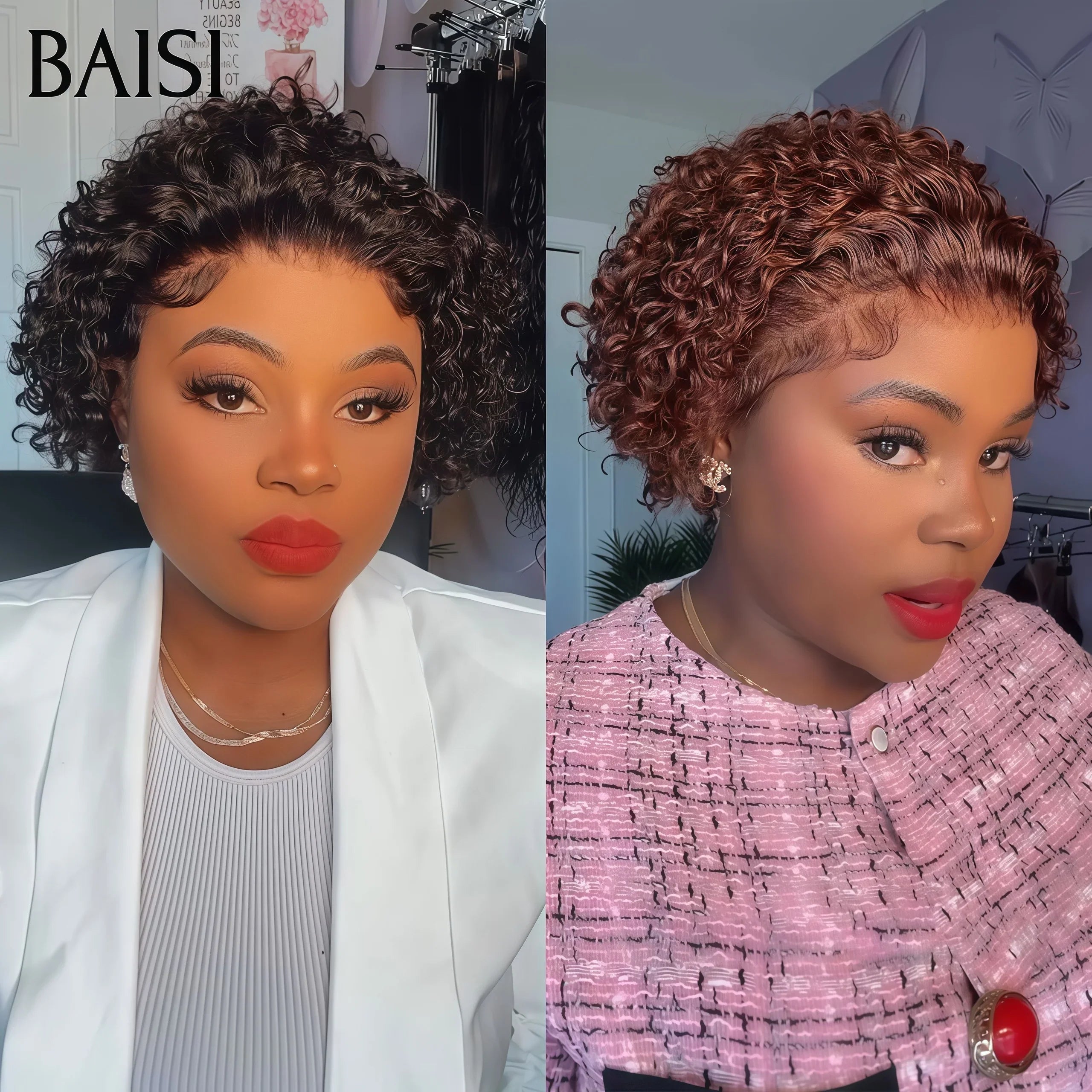 BAISI 2 perruques 78€ Vente en gros 13X4 lace frontal  pixie curl en couleur NOIR et Marron en 100% vrais cheveux humains