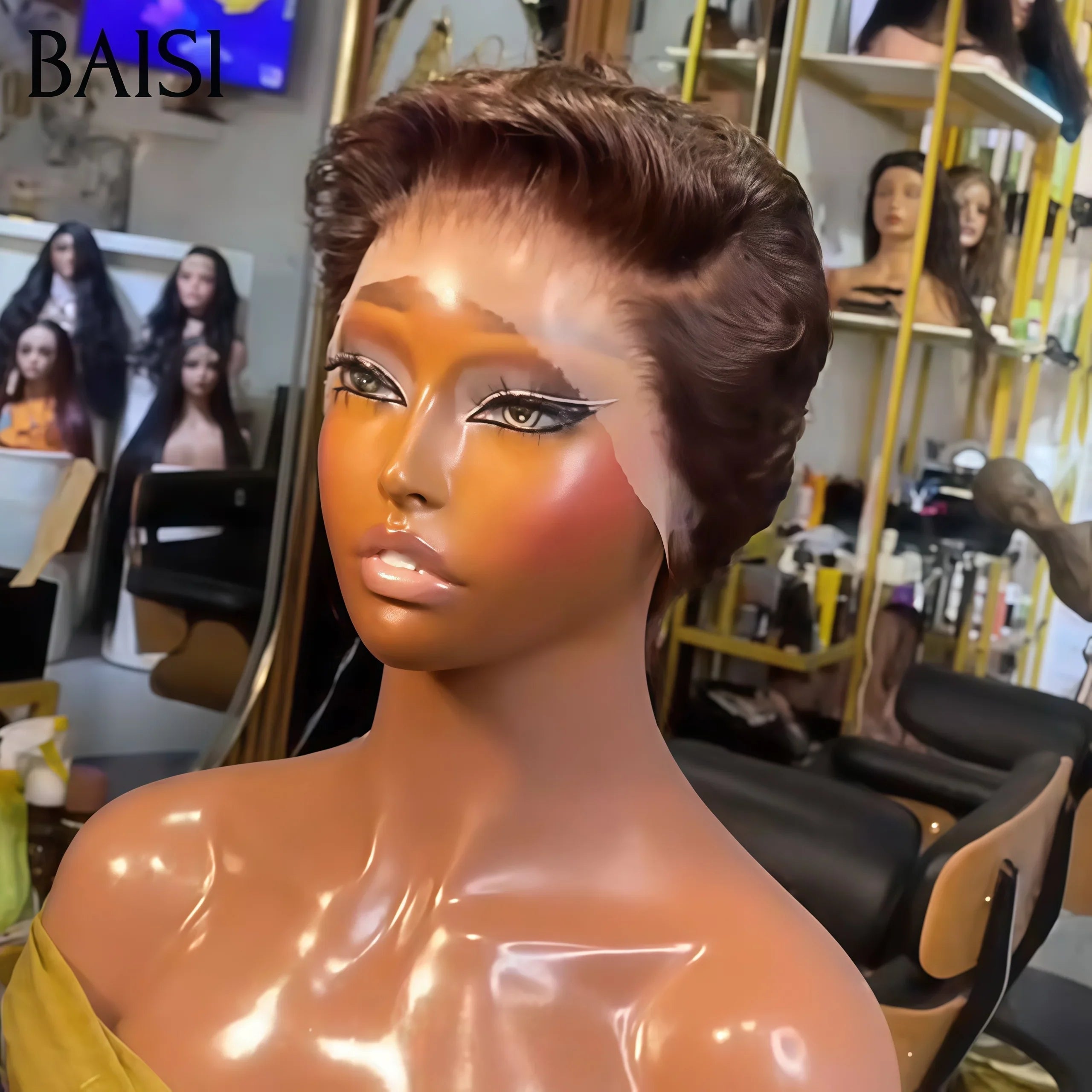 BAISI Achetez 2 perruques minimum au prix d'usine fournisseur 13X4 lace pixie Marron ou T Part Lace Perruque Personnalisée Avec La Raie De Côté En Couleur Marron #4(Pas Besoin de Code)