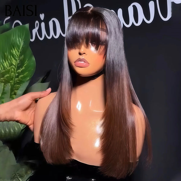 BAISI Perruque SDD bone straight de Luxe Lisse Marron avec racine noir 1B#4 Avec Frange FABRIQUÉ À LA MACHINE  en 100% Cheveux Humains