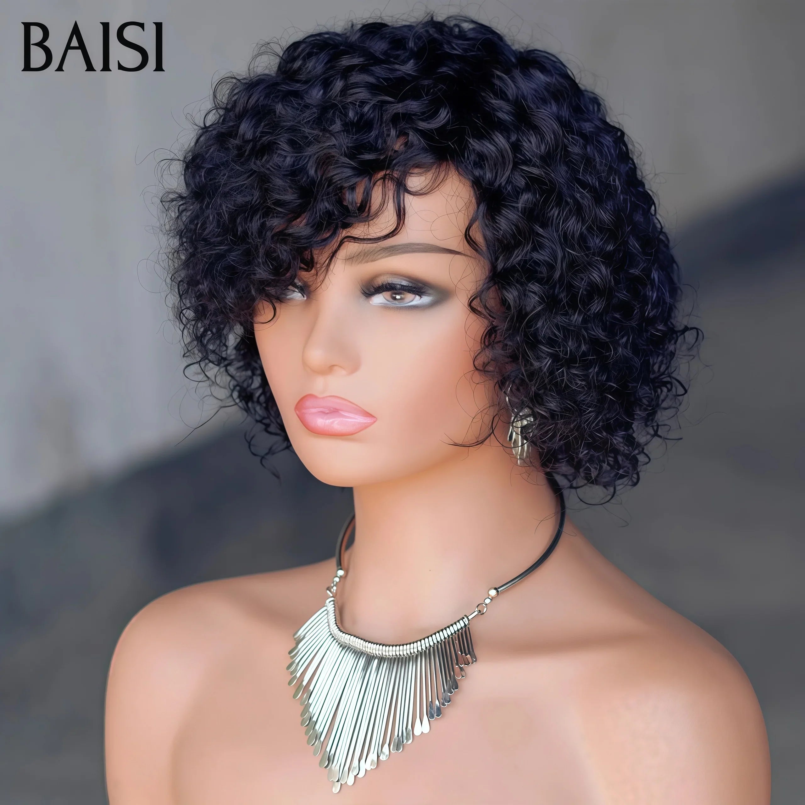 BAISI 58€ sans lace Perruque Pixie water Wave petite coupe fabriqué à la machine Moitié Prix En 100% Cheveux Humains