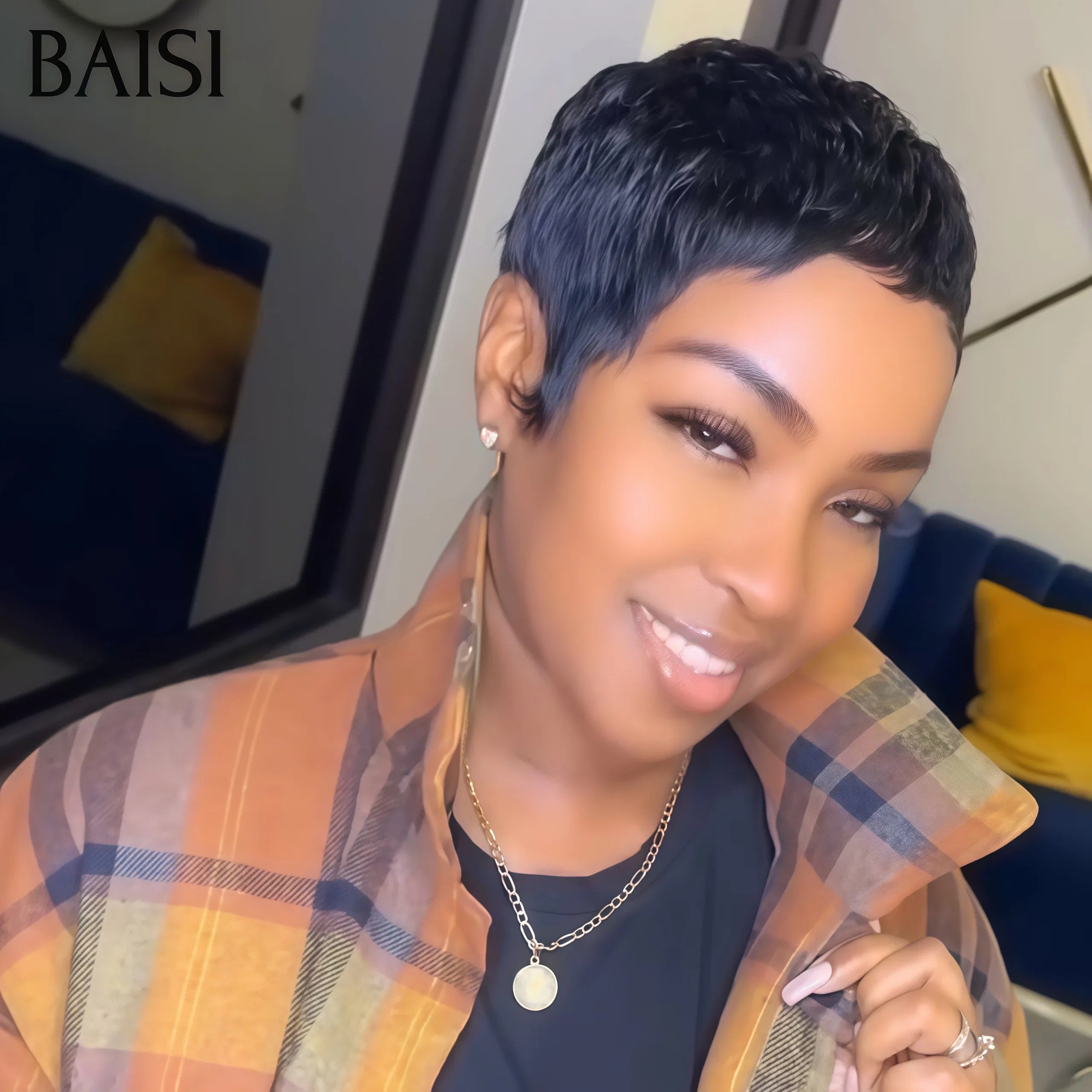 BAISI Offre Flash 37€ Petite coupe #026 en Couleur nior pixie 60€ Mix Miel 1B#27# 1087 fabriqué à la machine 100% Cheveux Humains