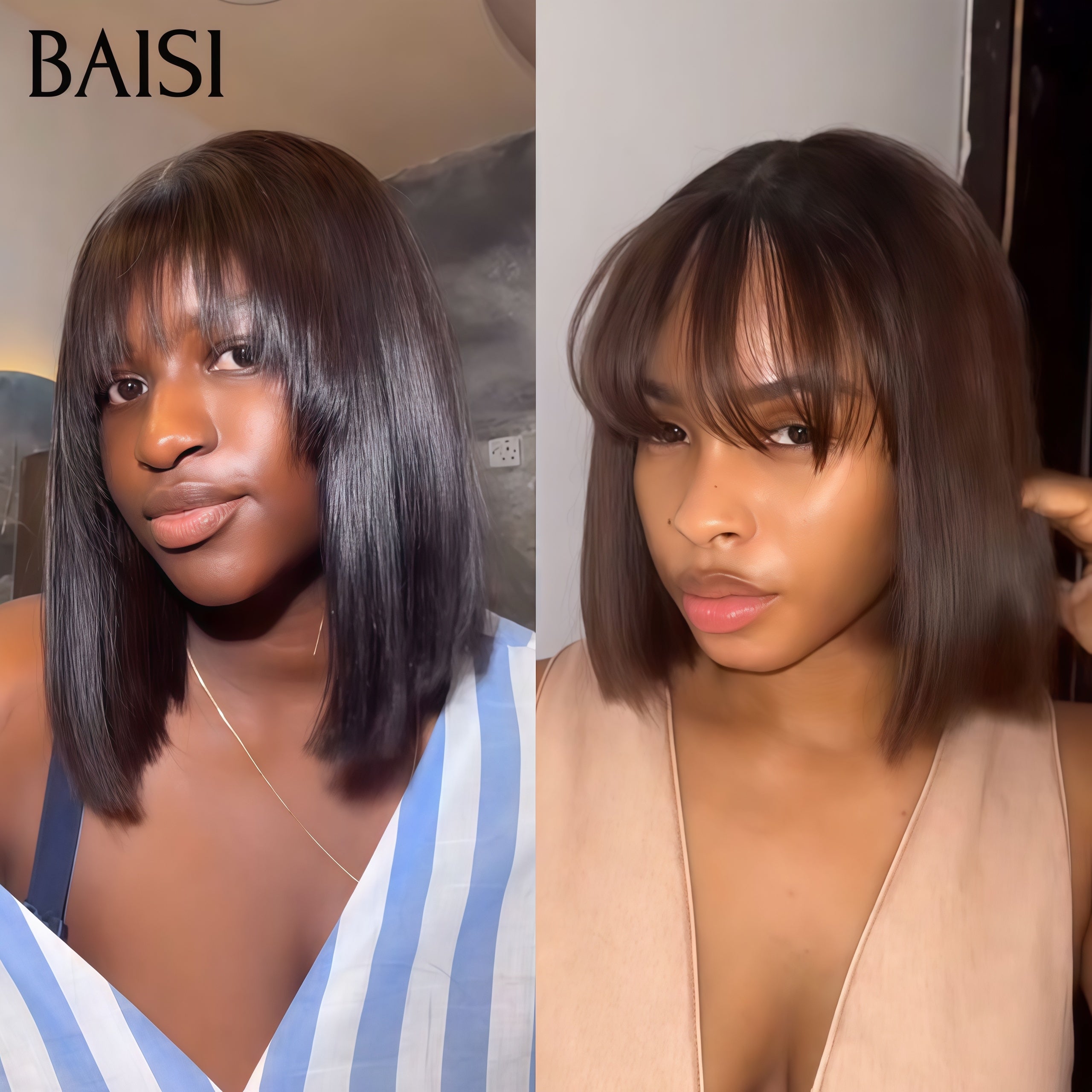 BAISI vente flash 2 perruques en Promo 99€ Lisse avec Frange 8 Pouces en 100% vrais cheveux humains