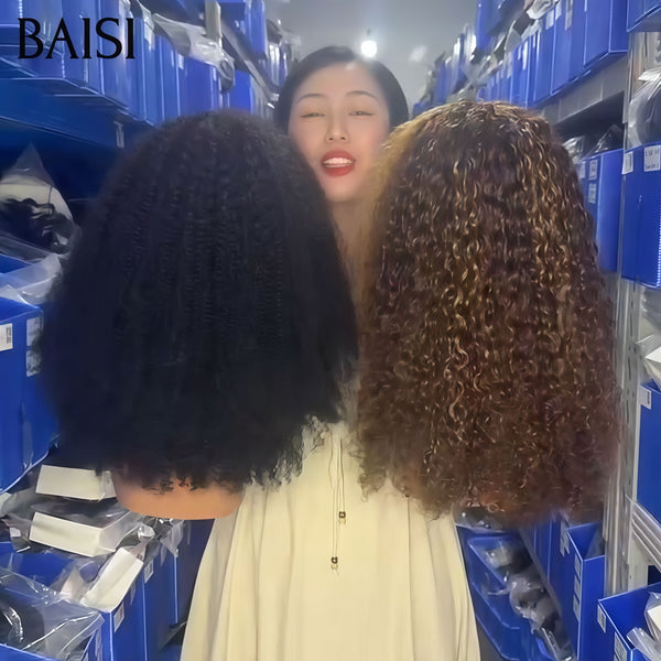 BAISI Lot de 2 perruques 150€ 4X4 lace closure 14 Pouces water wave 250% Densité Mixte ou NOIR en 100% vrais cheveux humains