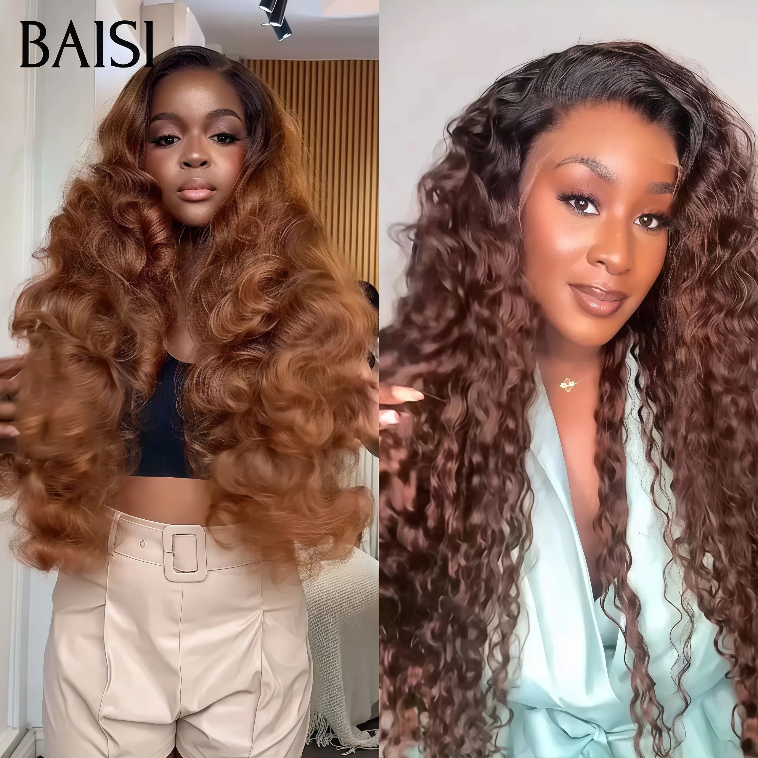 BAISI  2 Perruques pour revendre 309€ 13X4 lace frontal Body wave et curly wave 28 pouces couleur Marron avec racine noir 1BT4#  200% densité en 100% vrais cheveux humains