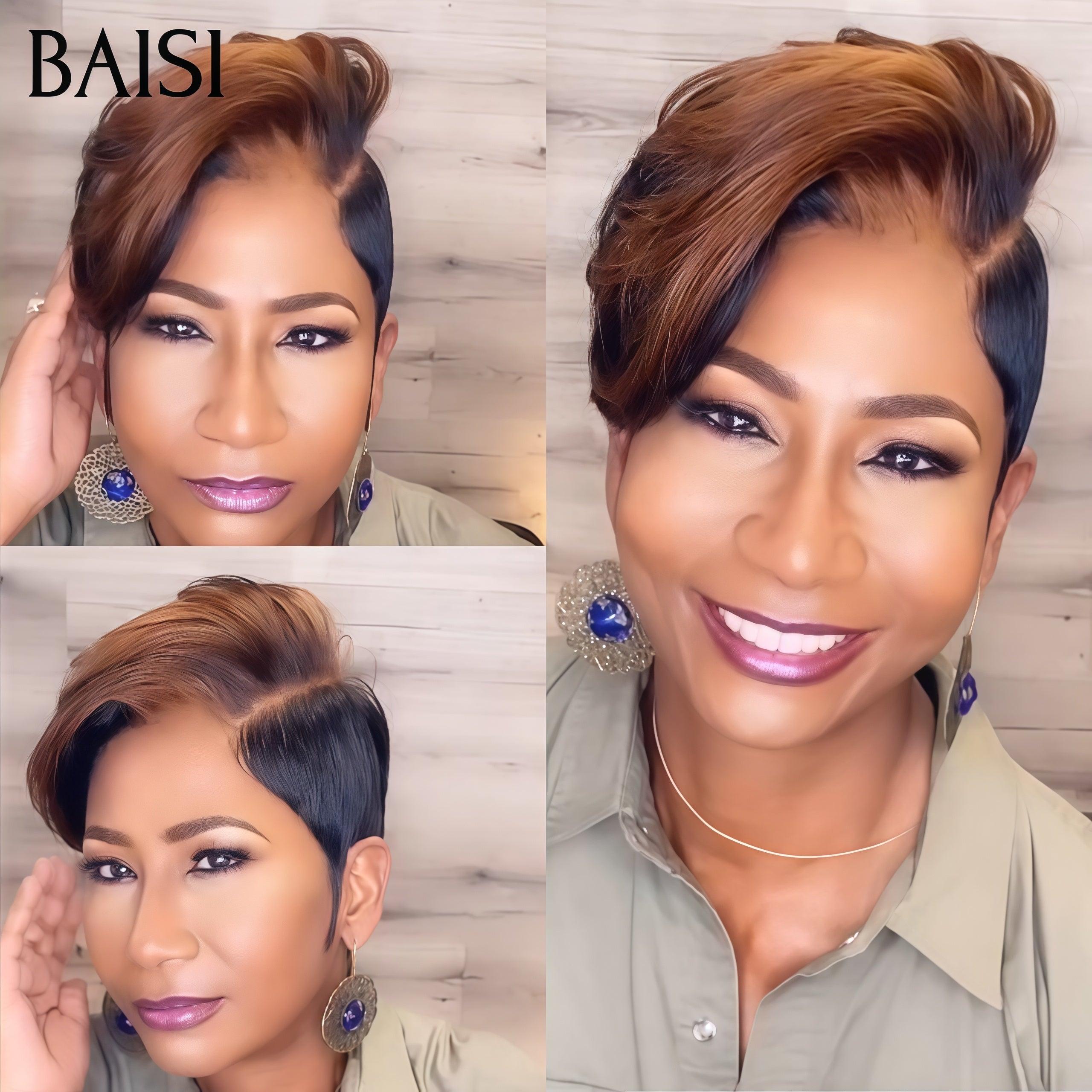 BAISI Perruque Full Lace 100% Cheveux Naturels Perruque Ondulée Coupe Pixie Full Lace Perruque personnalisée Lisse en Couleur noir Mix #33 en 100% cheveux humains
