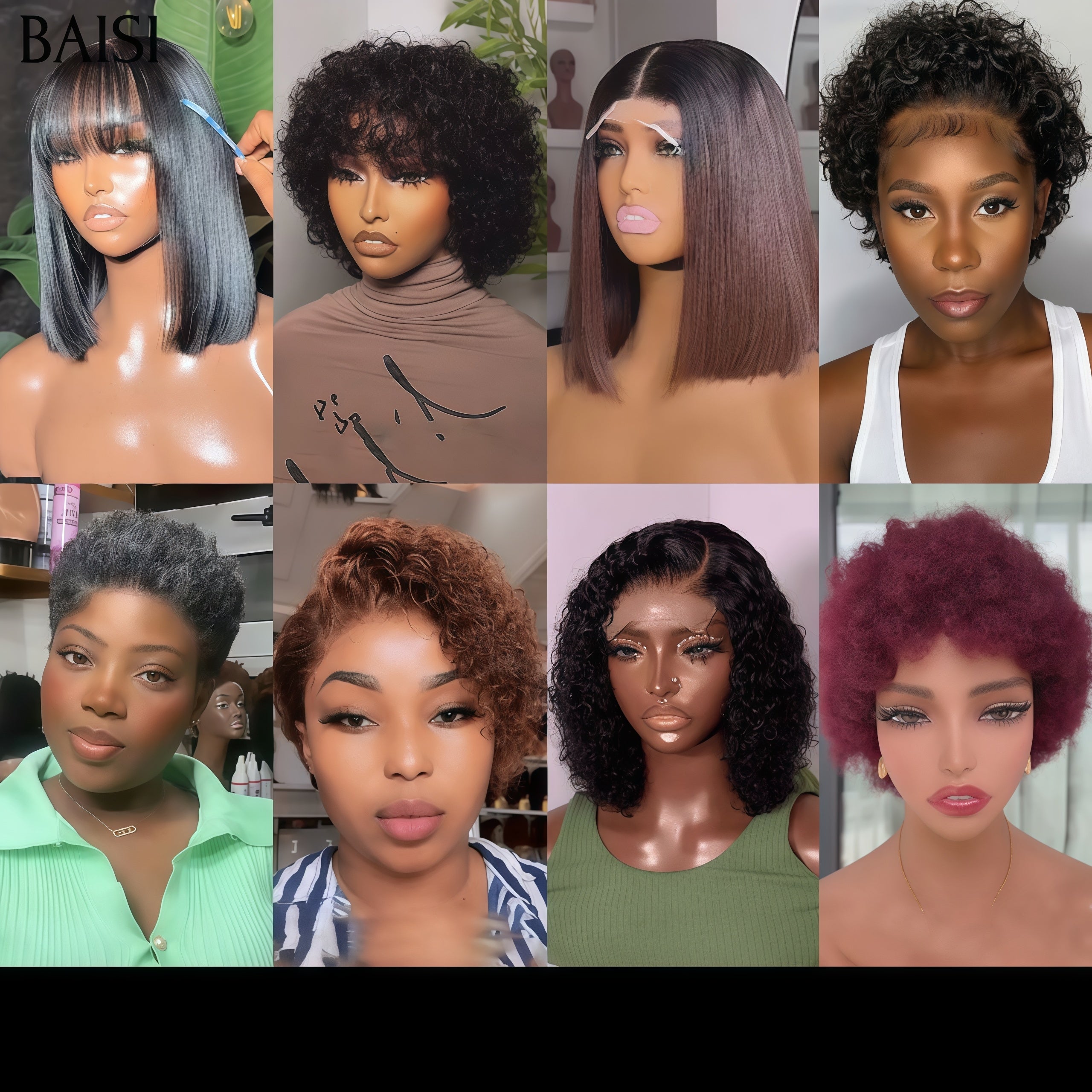 BAISI BAS Prix 8 Perruques en Soldes 199€ Unique pour Noël pixie et bob en 100% Cheveux Humains